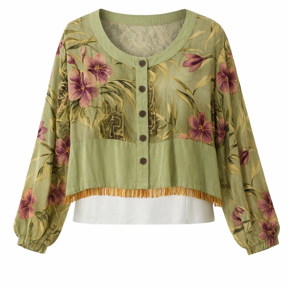 Paradiso Floral Button Down Fringe Beaded Trim Rayon Top Green Purple Hawaiian L
